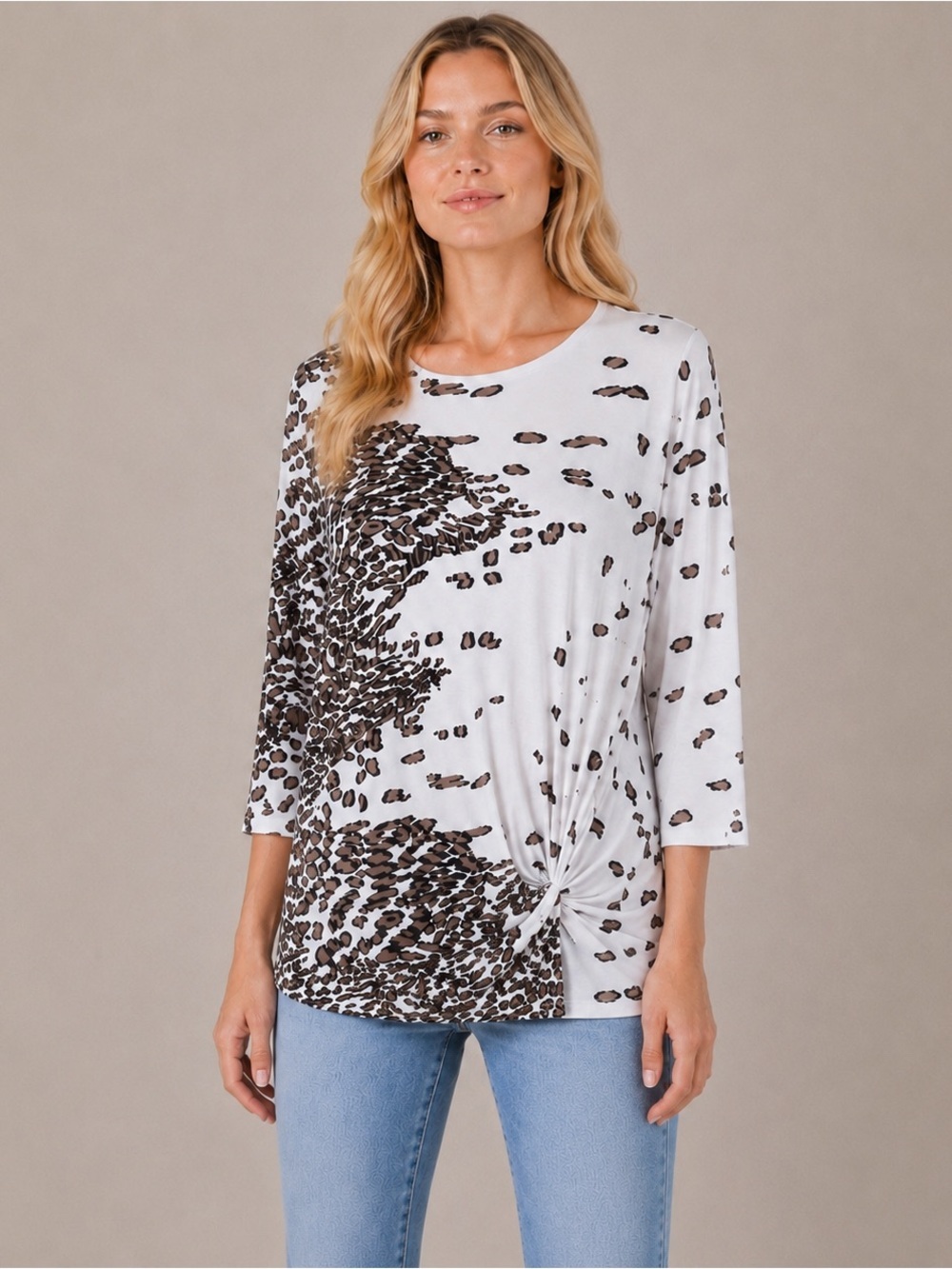 Clara Sun Woo Animal Print Tunic Top Knot Front Asymmetrical Artsy Chic Size XS